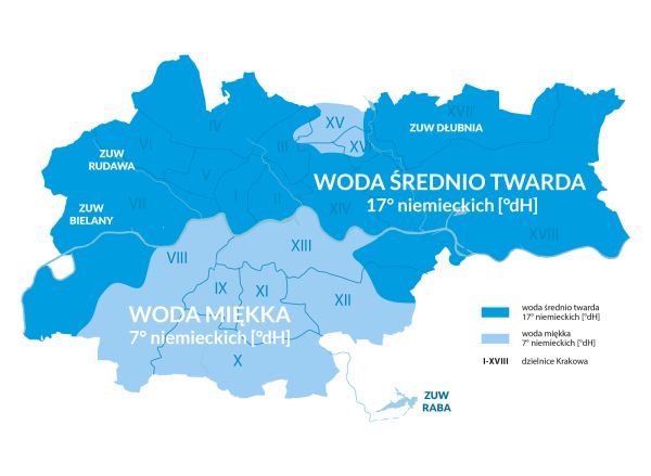 Mapa przedstawiająca obszary krakowa z wodą miękką i z wodą średniotwardą.