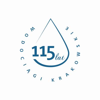 Logo 115 lat Wodociągi Krakowskie w kształcie kropli.